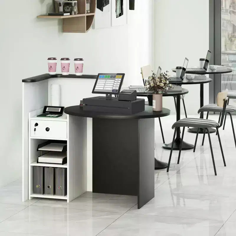 Costway Empfangstresen, Kassentisch und Bürotisch mit offenem Fach und abschließbarer Schublade, Weiß/Braun/Schwarz