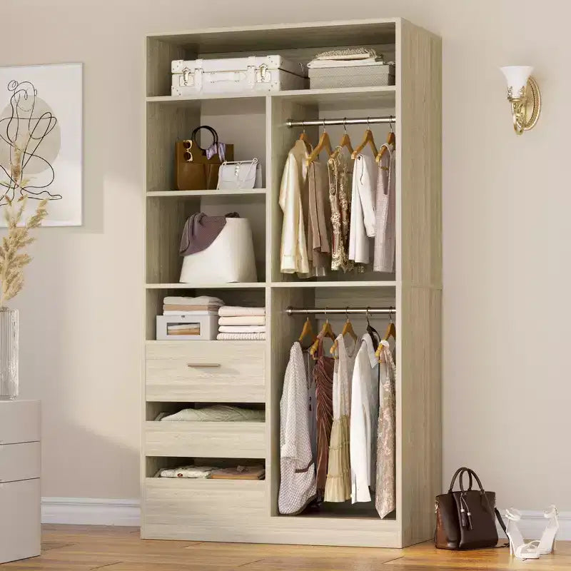 Kleiderschrank-Organizer mit Holzschubladen, freistehendes Schranksystem mit Kleiderstangen