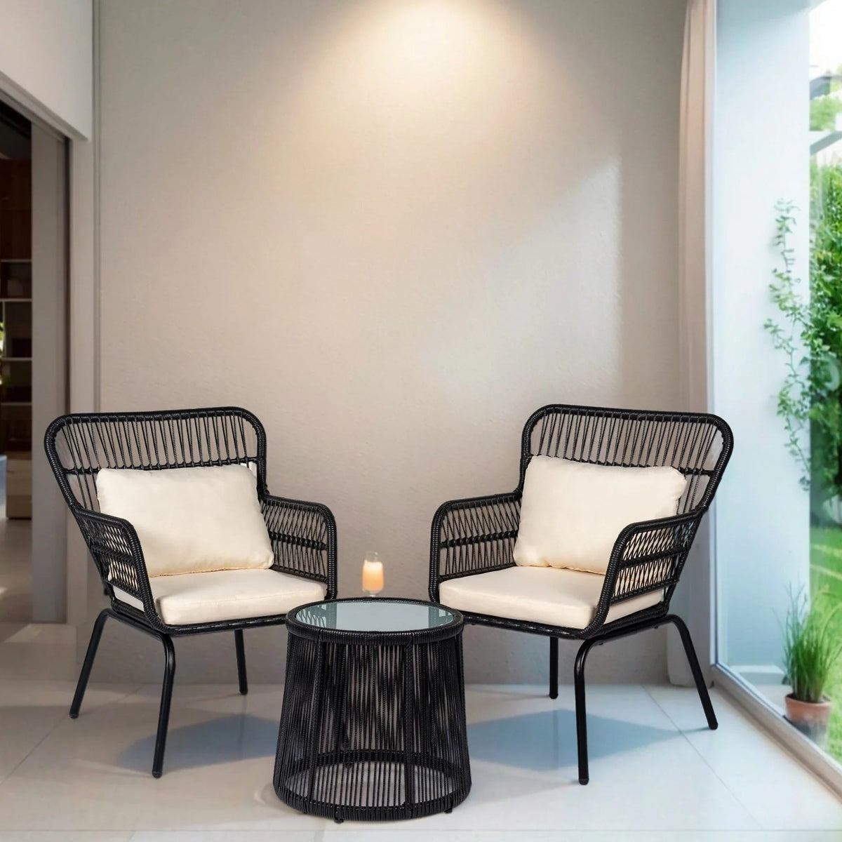 Ensemble bistro de jardin en osier de 3 pièces, ensemble de fauteuils de patio en rotin toutes saisons avec coussins