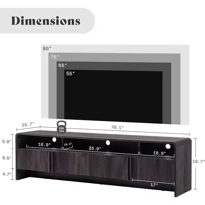 AMERLIFE Meuble TV moderne de 70 au design cannelé avec placards de rangement, pour téléviseurs jusqu'à 80, meuble de divertissement en bois, console multimédia pour le salon