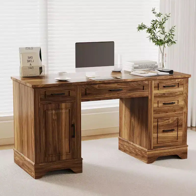 Bureau de direction de style campagnard pour bureau à domicile avec rangement, bureau d’écriture en bois avec 5 tiroirs et armoire, table d’ordinateur rustique pour le salon, la chambre ou le bureau de travail