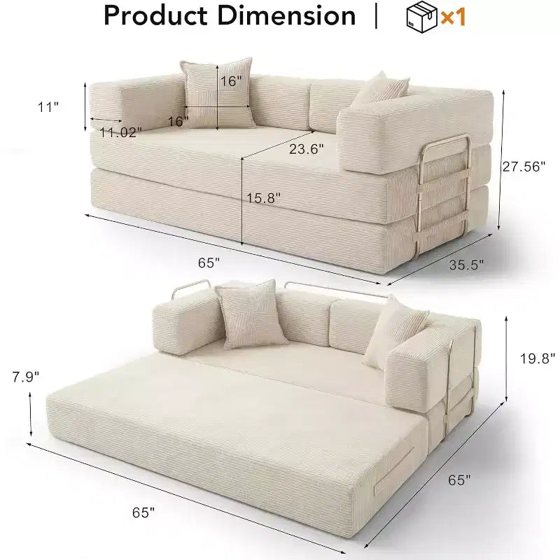 Dyonery 65-Zoll-Fünf-in-eins-Klappsofabett für den Boden, zum Doppelbett-Sofabett umwandelbar, mit festem Metallrahmen, Cord