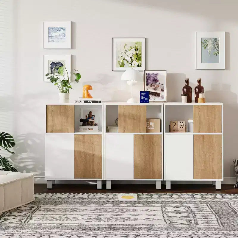CuisinSmart Holzschrank mit Schiebetüren und verstellbaren Einlegeböden, Sideboard und Anrichte, Badschrank und Vitrine, Weiß