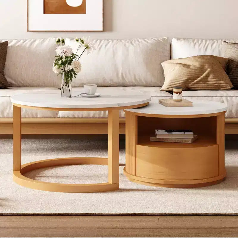 Moderner Satztisch-Couchtisch mit Schublade, runder Wohnzimmertisch mit Stauraum