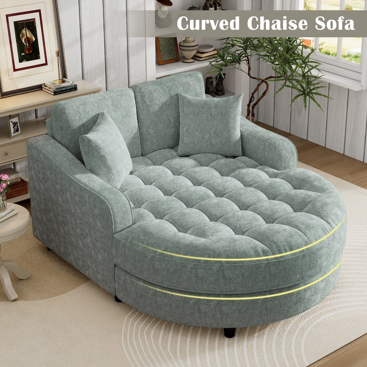 Chaiselongue-Schlafsofa aus Chenille, gepolstertes Sofa mit gesteppter Rückenlehne und 2 abnehmbaren Kissen für das Wohnzimmer