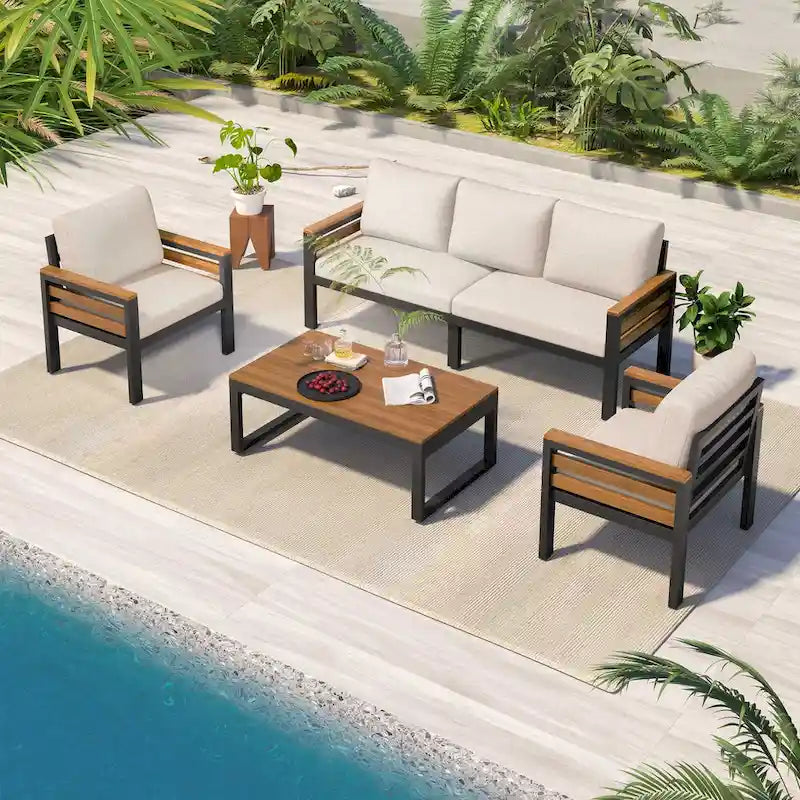4-delige loungeset voor buiten voor 5 personen met salontafel van massief hout en afneembare kussens