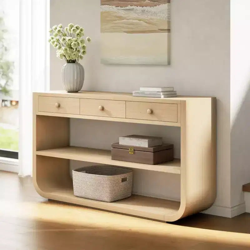 ModernLuxe gebogen sidetable, haltafel, bijzettafel naast de bank, displaystandaard en accenttafel met 3 softclose-lades en 2 open vakken