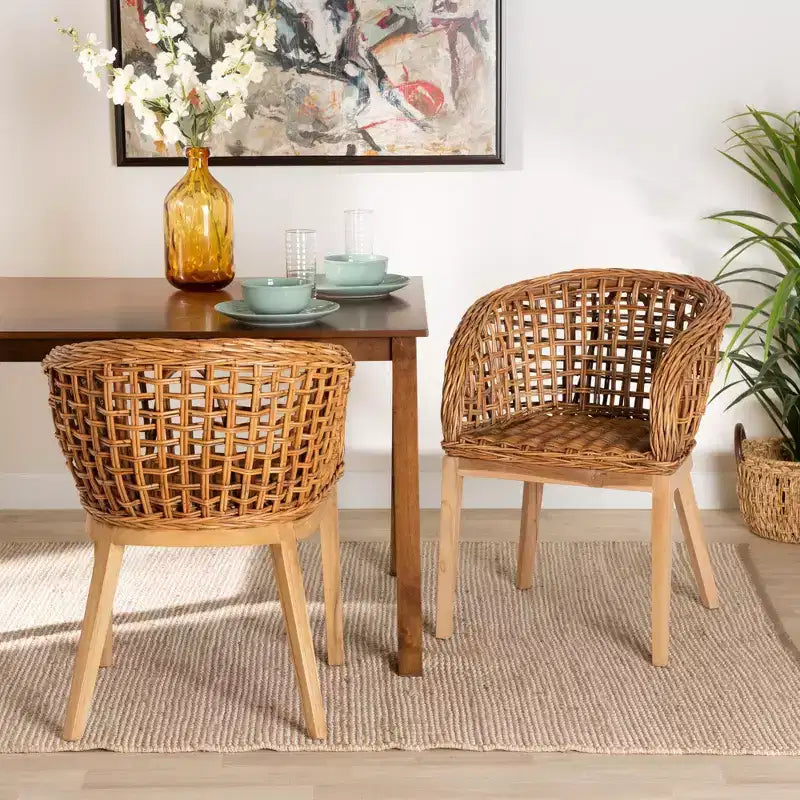 Ensemble de 2 chaises de salle à manger Mario de Bali & Pari, en teck brun naturel et rotin, style bohème moderne