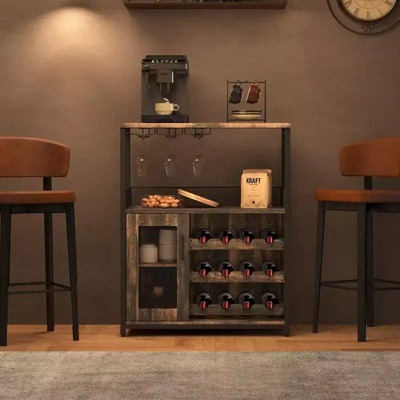 Grijze industriële wijnkast met 3 niveaus (12+ flessen) 36H x 24W x 15D, afneembaar rek, 9 glashouders en verstelbare planken voor thuis of de bar