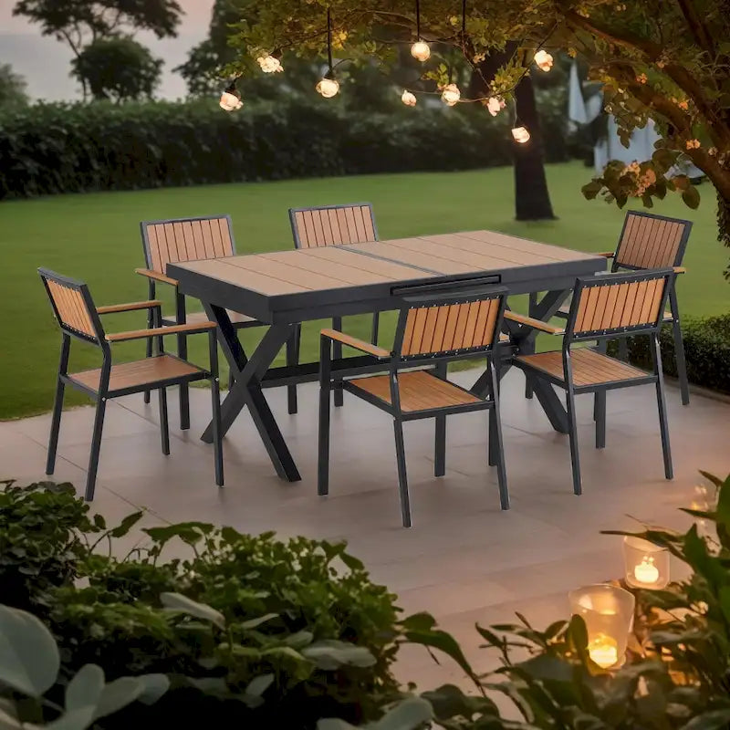 7-delige uitschuifbare eethoek voor buiten met uitschuifbare tafel en 6 stoelen met armleuningen