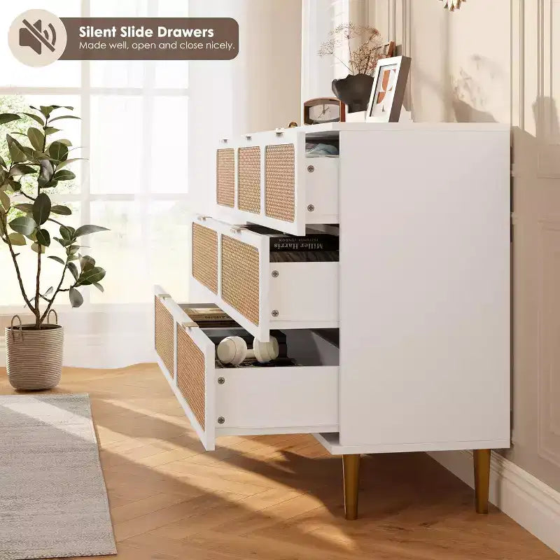 Rattan-Kommoden mit 7 Schubladen fürs Schlafzimmer, hohe Kommode mit tiefen Schubladen, große Schubladenkommode für den Kleiderschrank mit breiter Ablagefläche, Holzkommode fürs Wohnzimmer