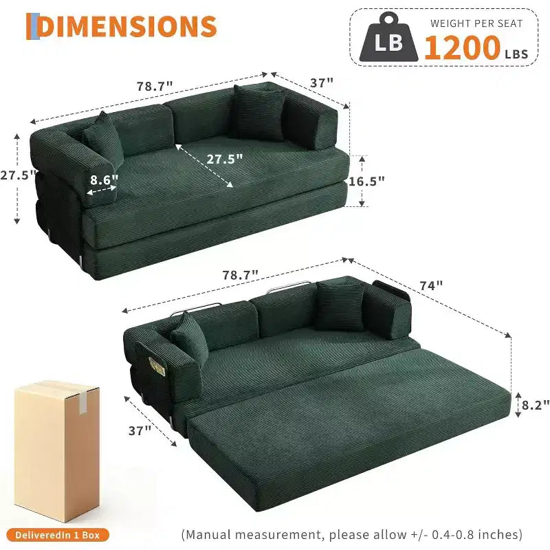 Canapé-lit convertible 5 en 1, banquette modulaire en velours côtelé de 78.8 avec cadre robuste, futon multifonction pour petits espaces, salon et chambre d’amis