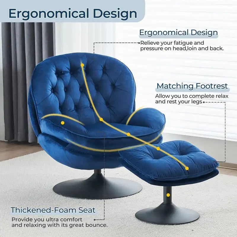 Fluwelen draaifauteuil met voetenbank, ronde leesfauteuil met voetenbankset, 360 draaibaar, metalen frame