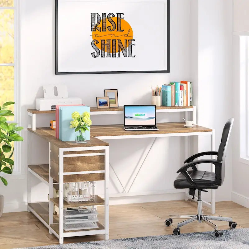 Schreibtisch in L-Form mit Schublade, Eckschreibtisch fürs Homeoffice mit Ablagefächern und Monitorständer, rustikaler PC-Schreibtisch für kleine Räume