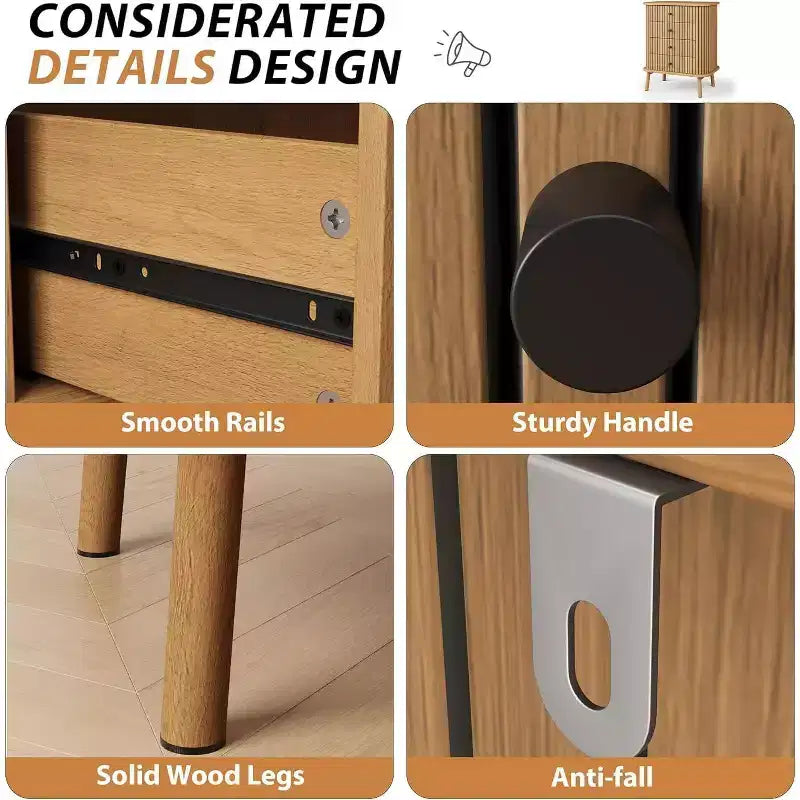 Comò a 4 cassetti per camera da letto, comodino, capiente cassettiera boho in vimini con maniglie nere opache e gambe in legno