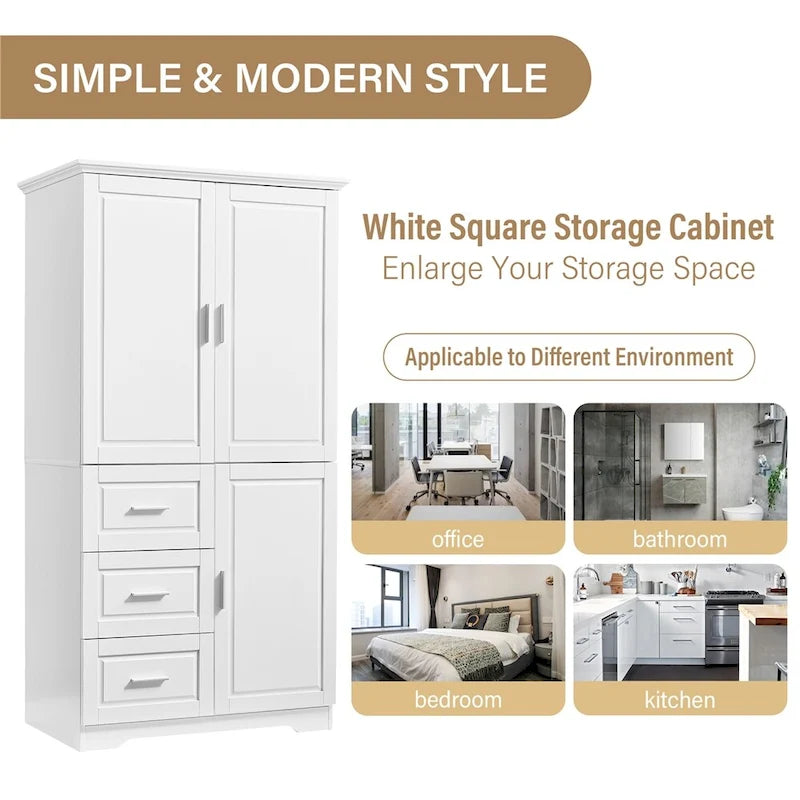 Armoire de rangement haute et large avec portes pour salle de bains, trois tiroirs