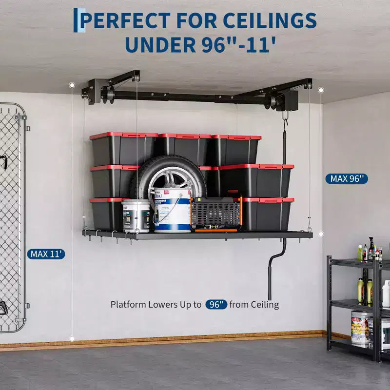 Portaoggetti da soffitto regolabile per garage, robusto, con blocco di sicurezza, portata di 250 lb per contenitori, attrezzi, biciclette e altri oggetti da garage