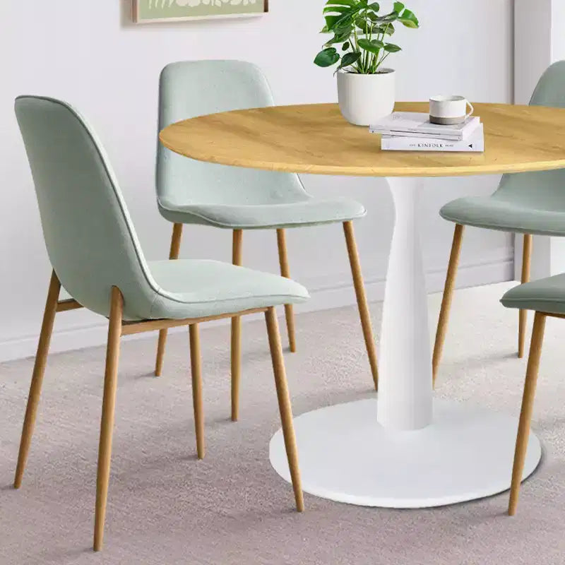 Ensemble de salle à manger rond 5 pièces, table à piètement central de 37 avec plateau effet bois et chaises courbes rembourrées, style moderne-Panipeachy