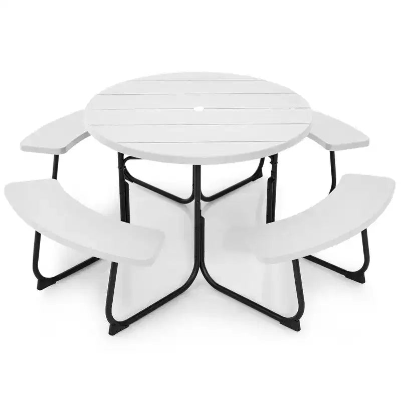 Costway Rundes Picknicktisch-Bank-Set für 8 Personen für den Außenbereich, mit 4 Bänken und Schirmloch, Schwarz/Grau/Grün/Weiß