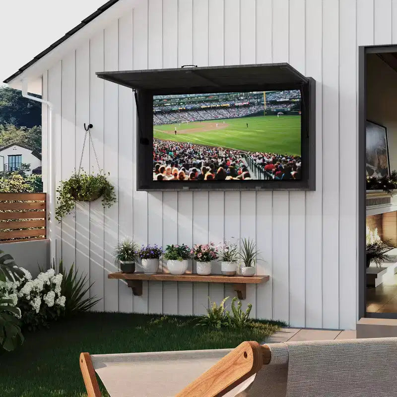 Abri pour téléviseur d’extérieur de 55 in, protection étanche en bois massif avec support réglable 4D et porte rabattable (compatible avec les téléviseurs de 44-55 in)
