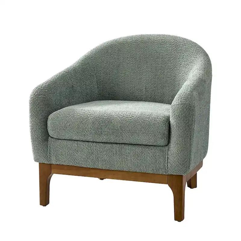 Poltrona a botte moderna in bouclé Augus con gambe in legno massello di HULALA HOME