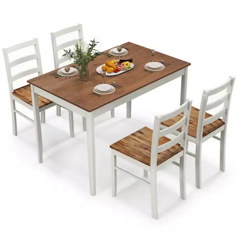 Costway 5-delige eetkamerset van massief hout, keukenmeubels met rechthoekige tafel en 4 stoelen, naturel/koffiekleur/grijs