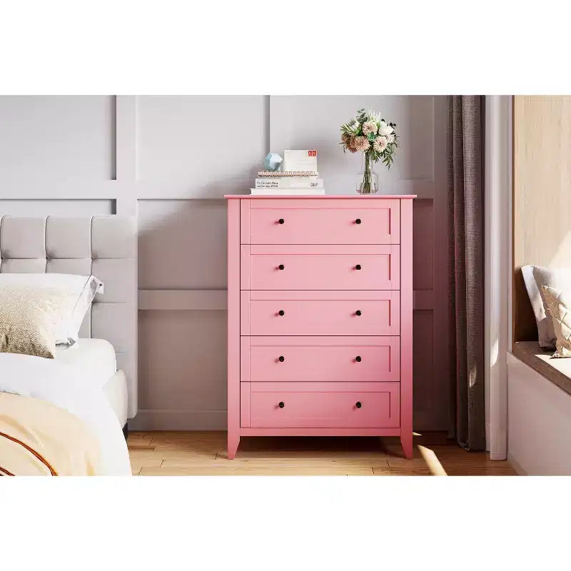 Commode de chambre à 5 tiroirs, hauteur de 42.5 pouces, armoire de rangement en bois avec tiroirs de 11.9 pouces de profondeur et poignées en métal doré, idéale pour l'entrée ou le couloir