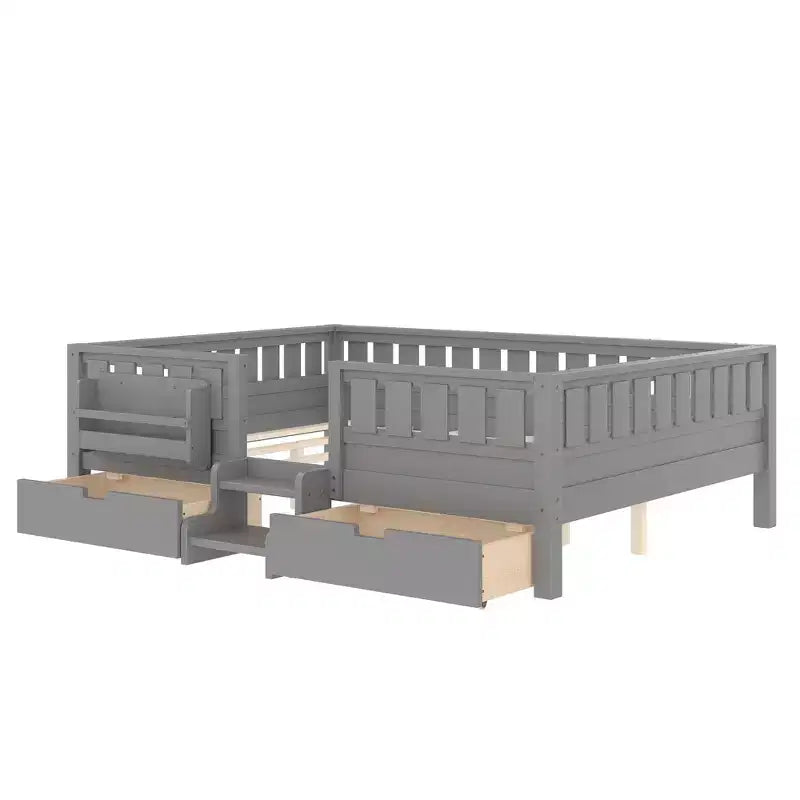 Lit pour enfant Bellemave format queen avec 14 barrières de sécurité, cadre de lit compact avec bibliothèque intégrée et 2 tiroirs de rangement sous le lit