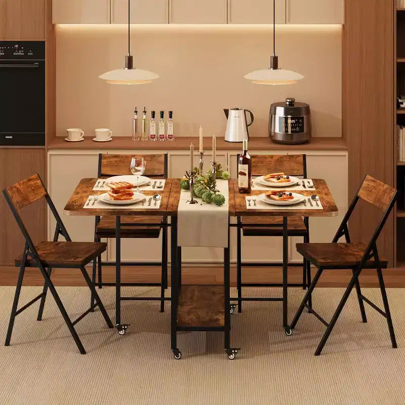 Eetkamerset in boerderijstijl, 5-delig, voor 4 personen, houten klaptafel op wielen met 4 opklapbare stoelen, stevig stalen frame, ruimtebesparend voor appartementen