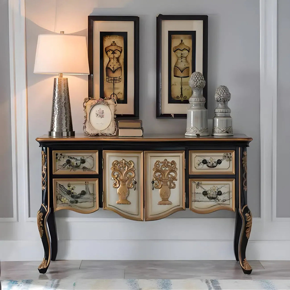 Franse houten koffiekleurige opbergconsoletafel met laden