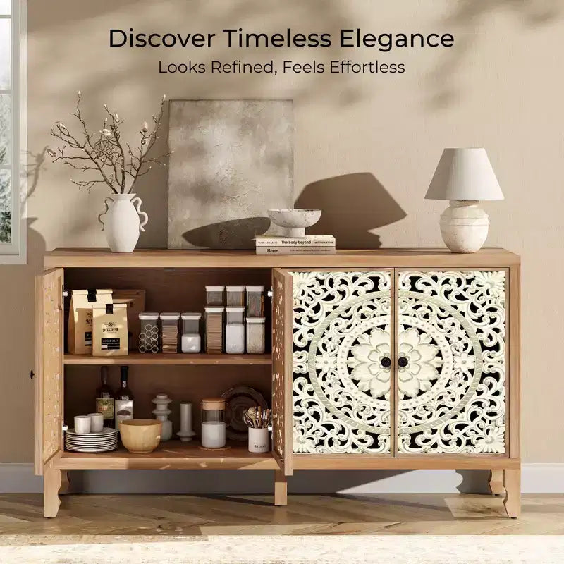 Credenza con contenitore, mobile contenitore dall'aspetto vissuto con 4 ante intagliate e ripiano regolabile, credenza decorativa in legno