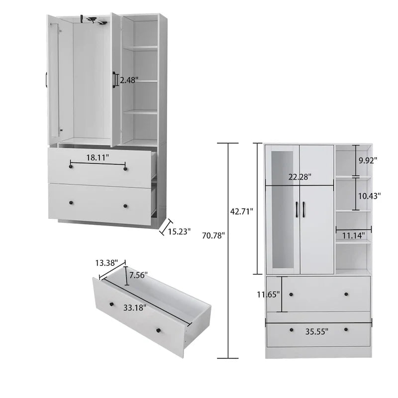 Kleiderschrank mit Spiegel und verstellbarem Kleiderstangenbereich, platzsparend