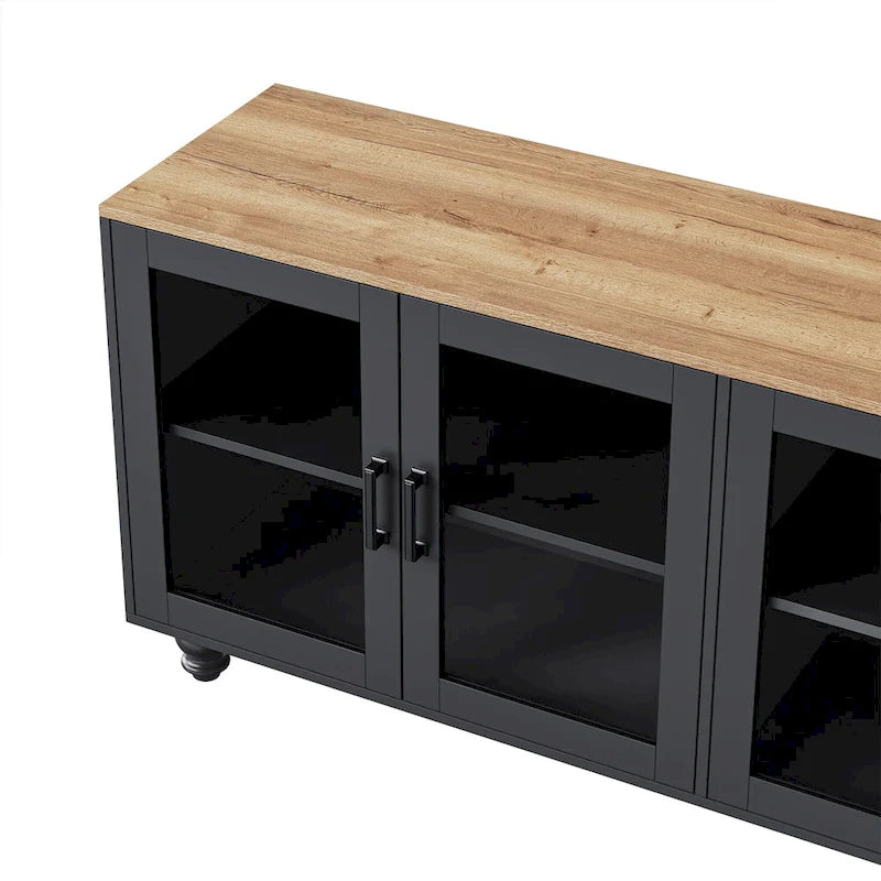 Zwart + donker walnootkleurig tv-meubel in landelijke stijl met boekenkasten en deuren van gehard glas voor tv's tot 70