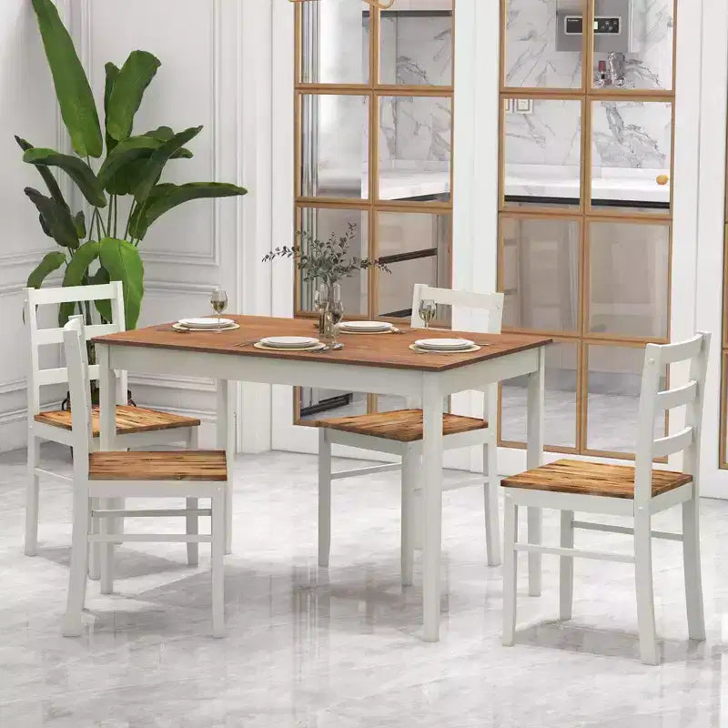 Costway 5-delige eetkamerset van massief hout, keukenmeubels met rechthoekige tafel en 4 stoelen, naturel/koffiekleur/grijs