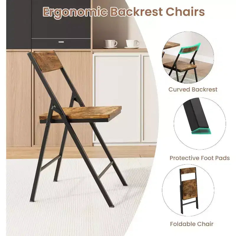 Eetkamerset in boerderijstijl, 5-delig, voor 4 personen, houten klaptafel op wielen met 4 opklapbare stoelen, stevig stalen frame, ruimtebesparend voor appartementen
