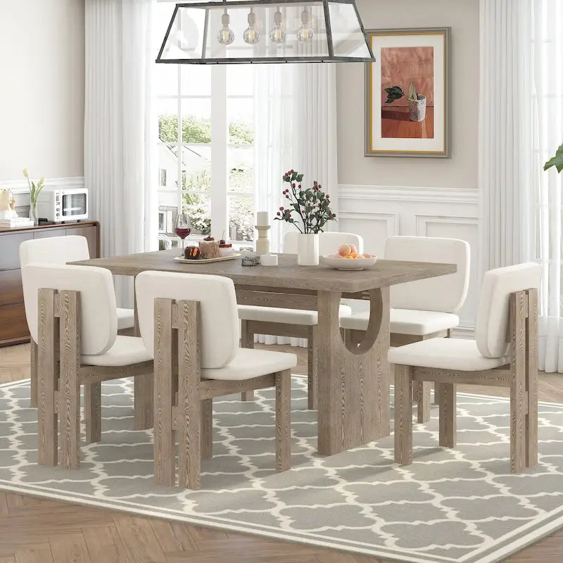 Set da pranzo in legno di transizione a 7 pezzi con tavolo rettangolare e 6 sedie