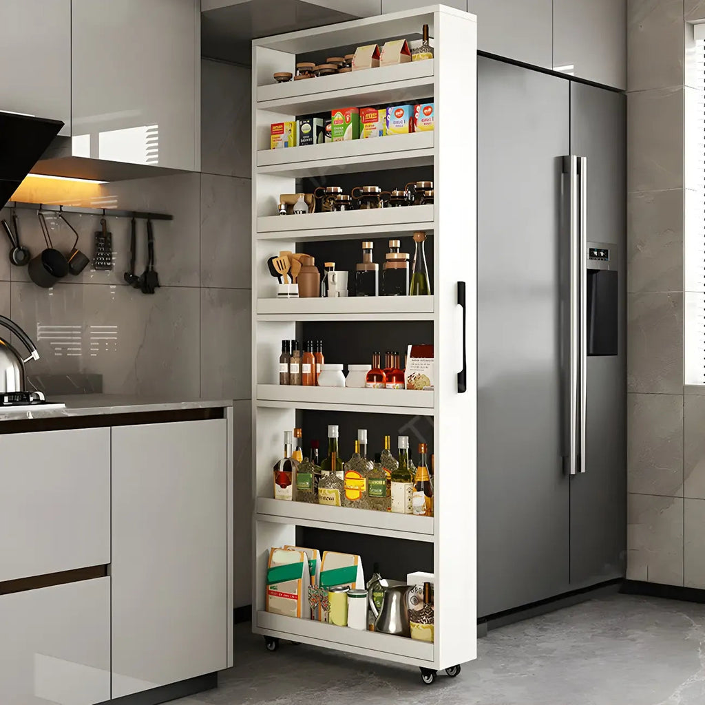 Moderner Buffet-Tisch aus Holz mit offenen Regalen und Rollen