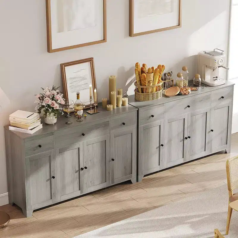 Buffet 55 avec 3 tiroirs et 4 portes, meuble de rangement de cuisine avec étagère réglable, pour la salle à manger ou le salon