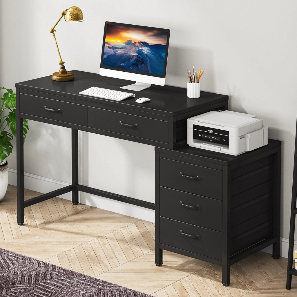 Wendbarer Computerschreibtisch mit 5 Schubladen, Schreibtisch fürs Homeoffice mit Aktenschublade und Druckerständer