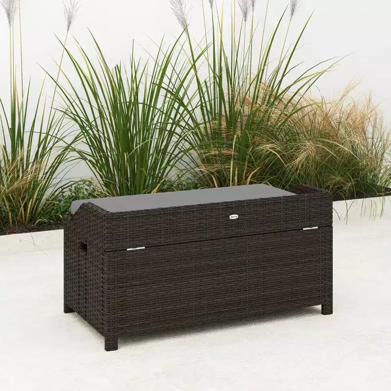 Banc de rangement extérieur en osier avec coussin