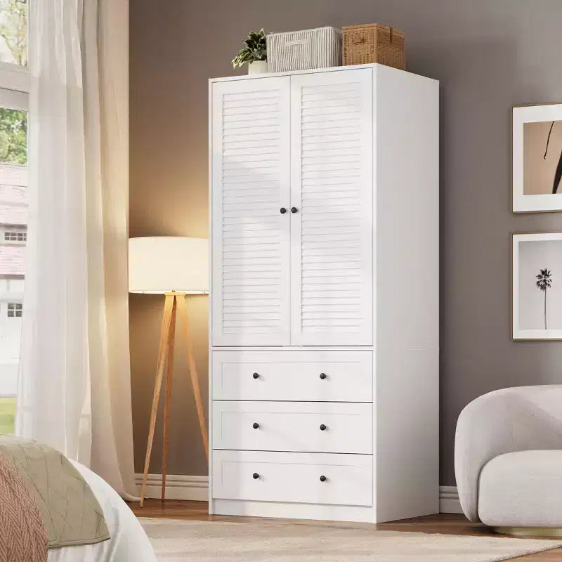 COZONY kledingkast met 3 laden en 2 deuren, moderne houten kast voor de slaapkamer, stevige witte kledingkast