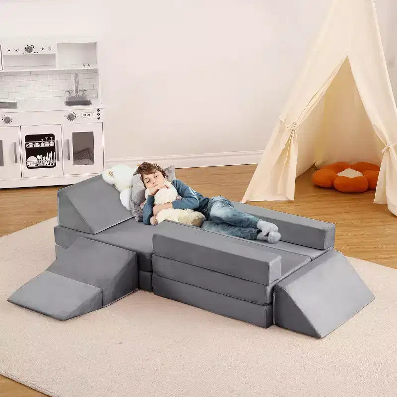 Kletter-Sofa für drinnen, 12-teiliges modulares Spielsofa mit quadratischem Bällebad und Kletterrampe, Spielset mit Polstern