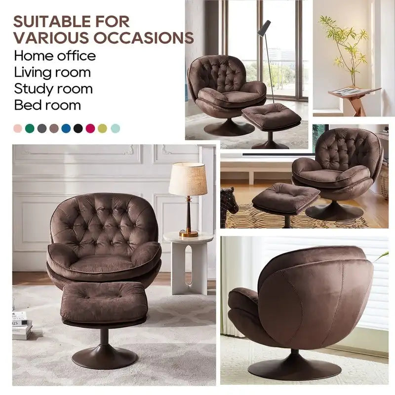 Fluwelen draaifauteuil met voetenbank, ronde leesfauteuil met voetenbankset, 360 draaibaar, metalen frame