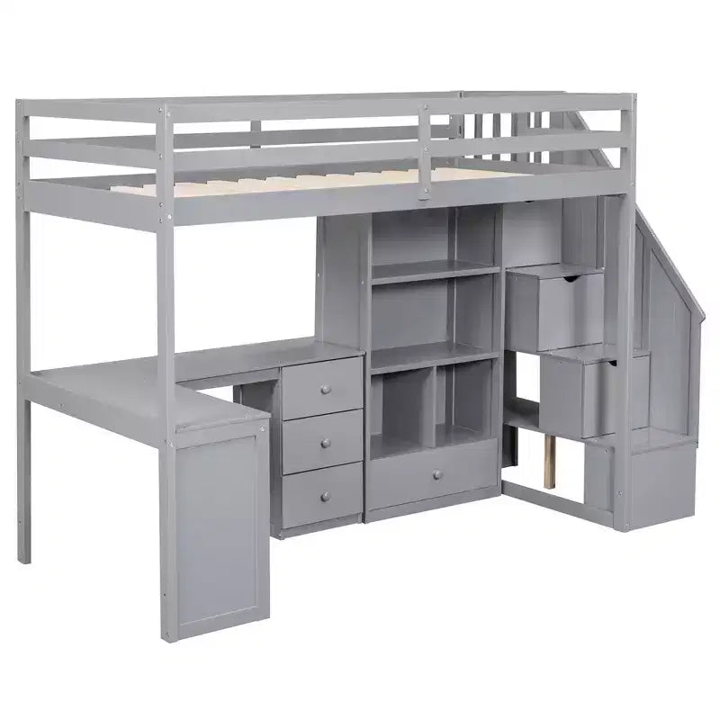 Lit mezzanine simple avec bureau en L, 3 tiroirs, armoire, rangement sous l’escalier, structure en pin massif/MDF