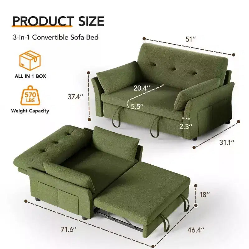 Divano letto Dyonery 51 3 in 1, divanetto trasformabile con letto estraibile, schienale regolabile, rivestimento in lino