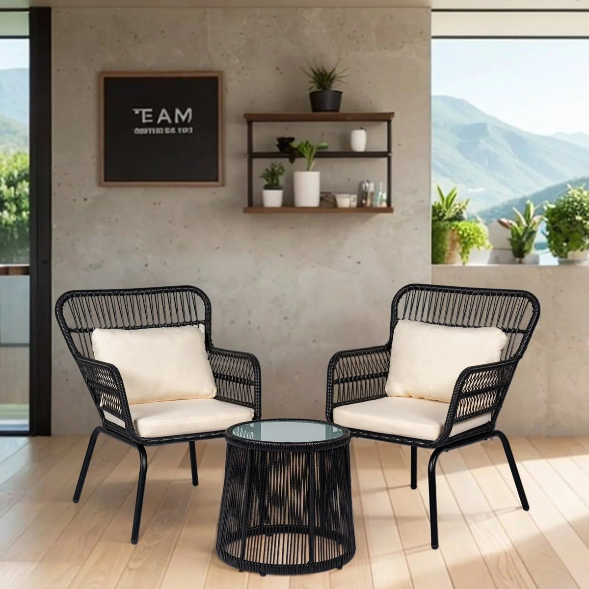Ensemble bistro de jardin en osier de 3 pièces, ensemble de fauteuils de patio en rotin toutes saisons avec coussins