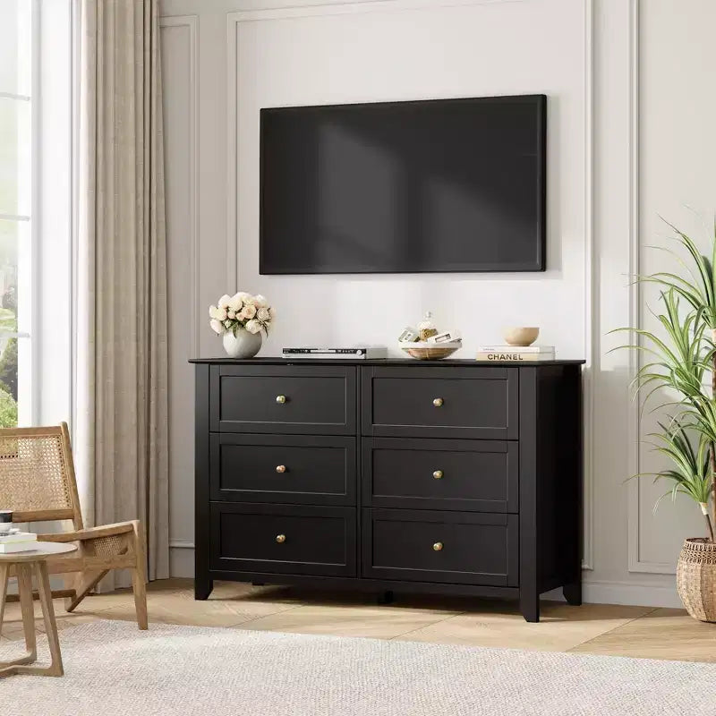 Kommode mit 6 Schubladen fürs Schlafzimmer, große Kommode mit tiefen Schubladen und Metallgriffen, moderne Holzkommode für Eingangsbereich und Flur
