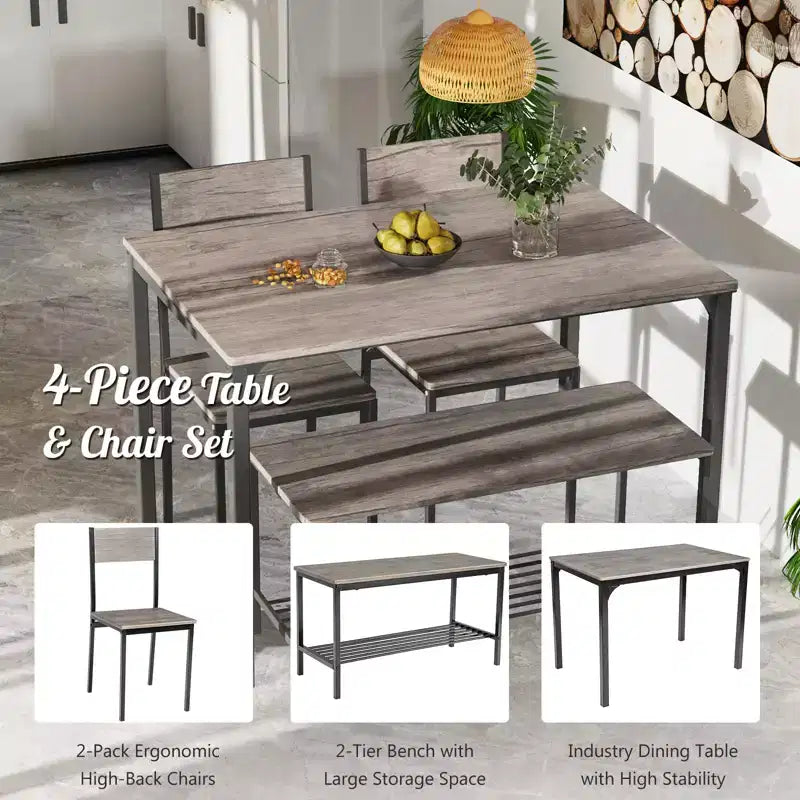 Costway eettafelset met 4 delen, rustieke tafel, 2 stoelen en bank met opbergrek
