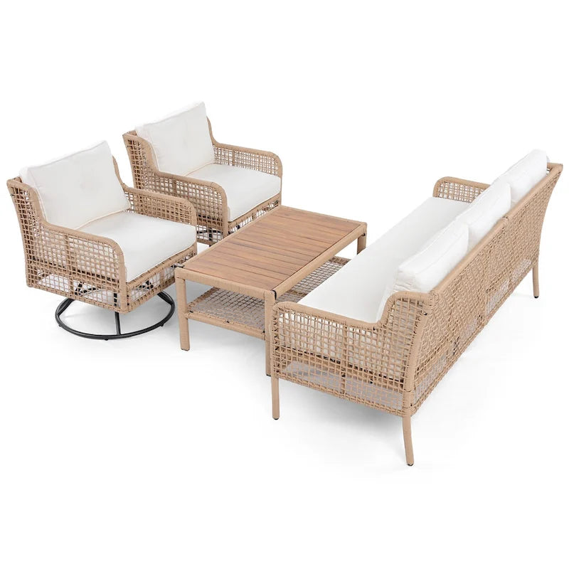4-delige loungeset van rotan voor buiten met draaibare stoelen en salontafel