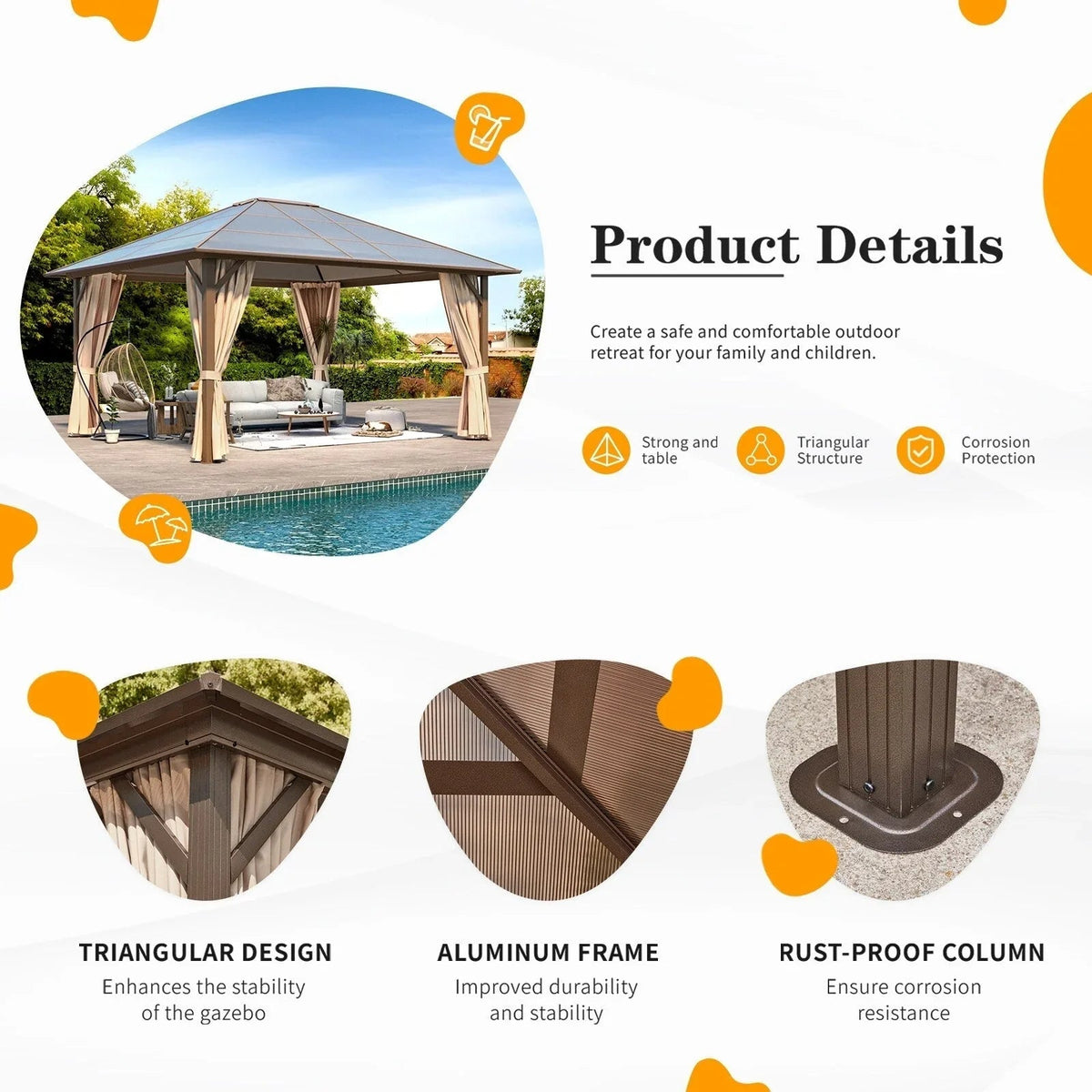 EROMMY hardtop-paviljoen, pergola voor buiten met dubbel dak, netten en gordijnen, extra stevig zonnescherm voor terras, achtertuin en zwembadfeest